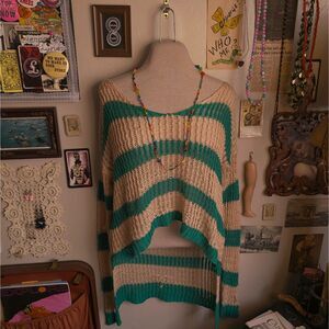 Open Knit Thick Striped Sweater Women's Small Cream Green Oversized